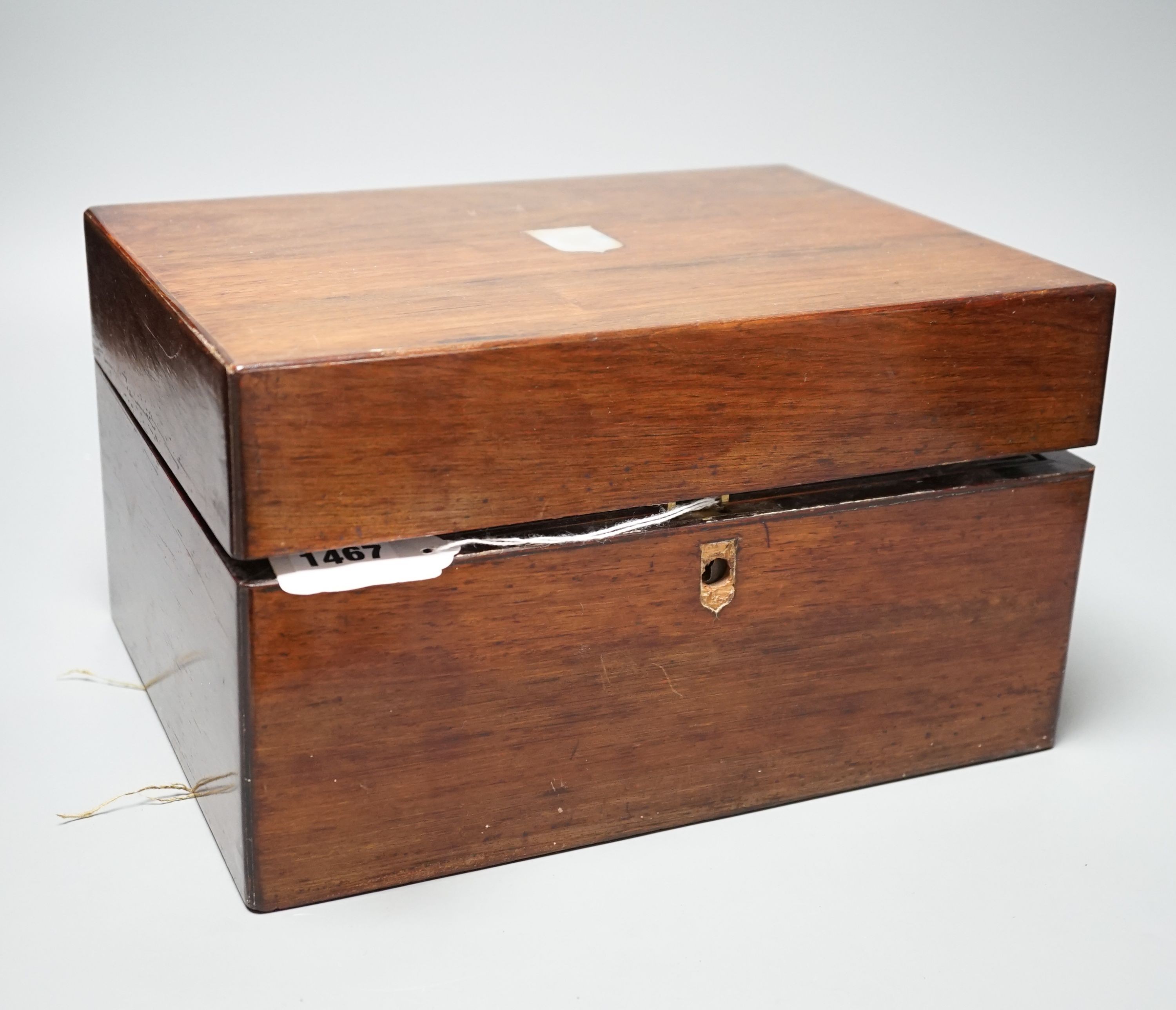 Two Victorian rosewood cased travelling vanity sets with silver plated covers (2)